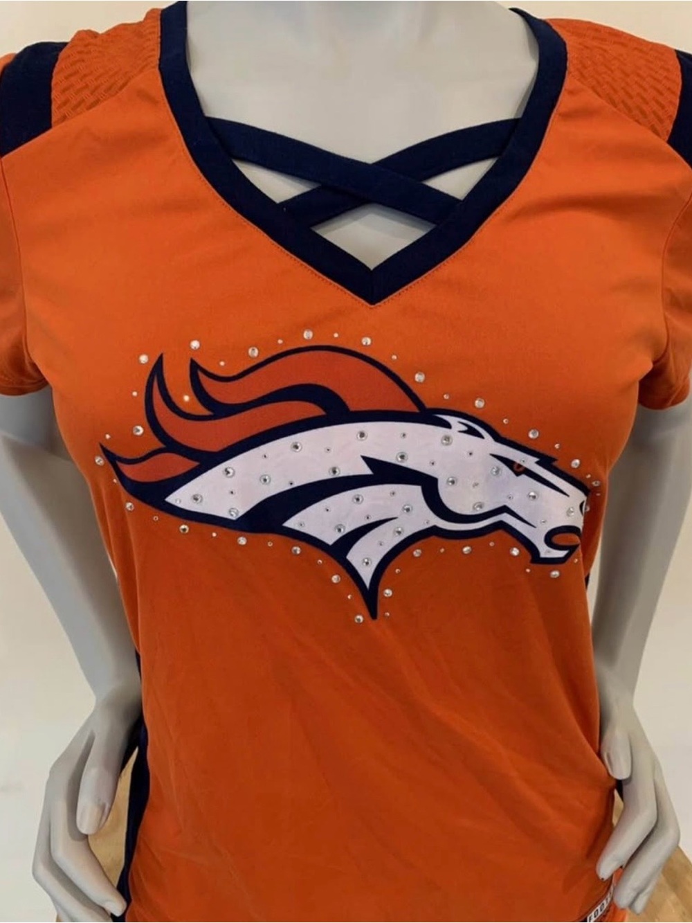 Majestic Women's Orange V-Neck Crisscross Broncos Logo Top